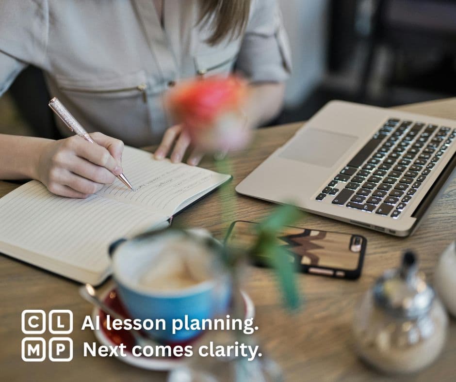 Teacher writing lesson plans in a notebook beside a laptop, with the ClassMap logo and the text “AI lesson planning. Next comes clarity.” displayed on the image.

