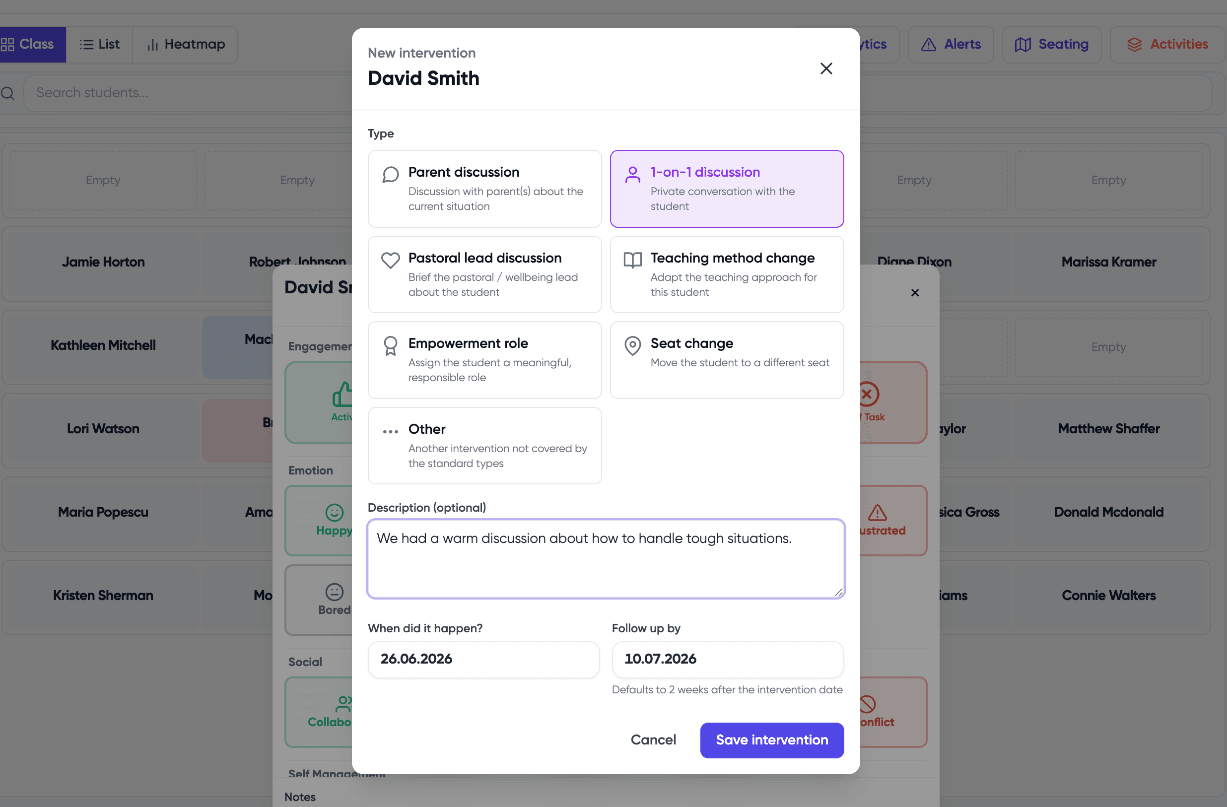 Alerts and intervention support in ClassMap